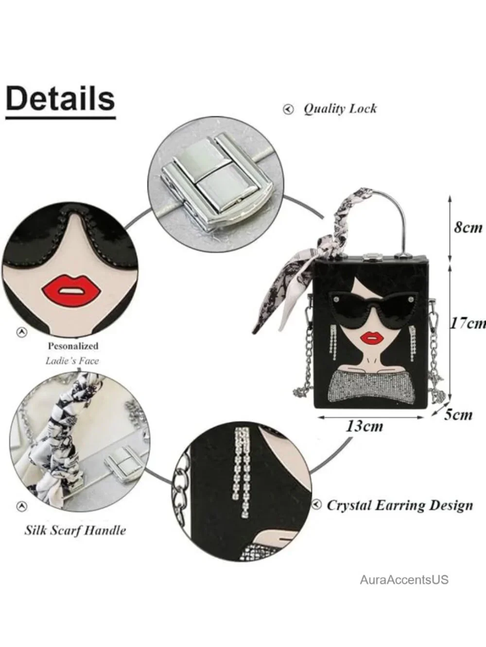 Quilted Novelty Lady Face Crossbody PU Leather Satchel Handbag 3D Earrings Charm